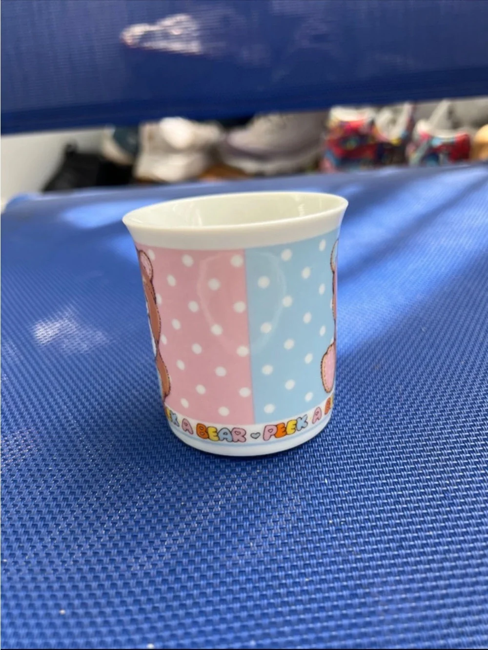 Enesco Brown Bear Ceramic Cup with Blue and Pink Panels vintage